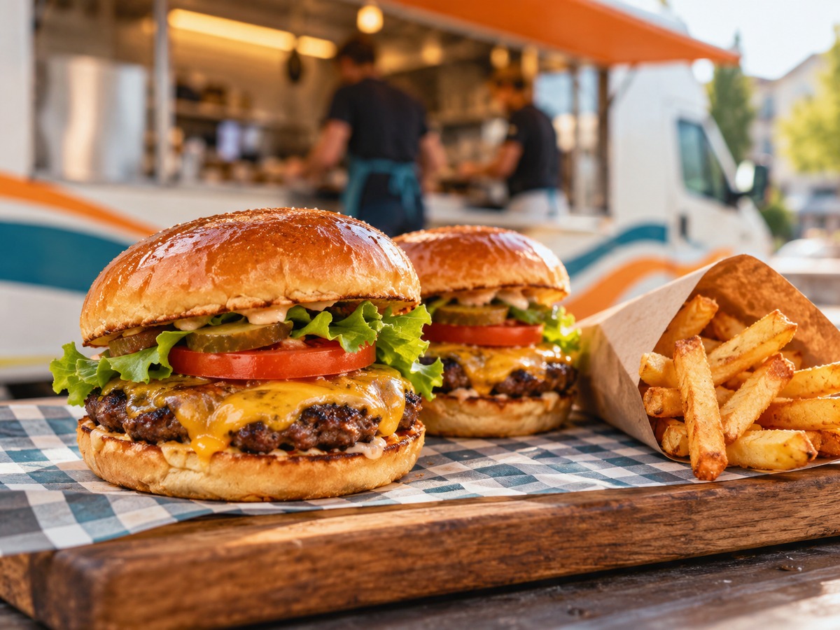 Saftige Burger mit Pommes frisch aus der Küche