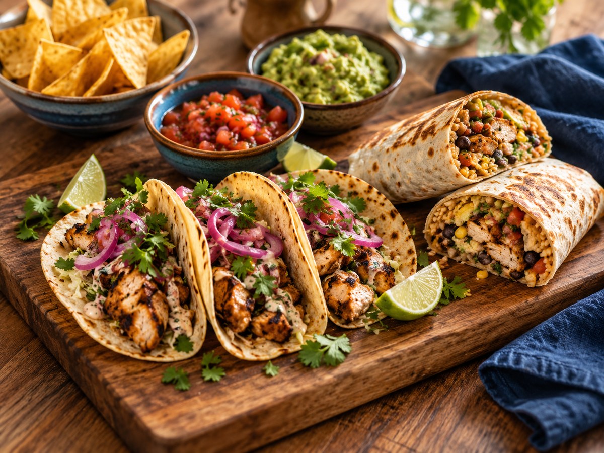 Tacos, Burritos und frische Salsa auf einem Servierbrett