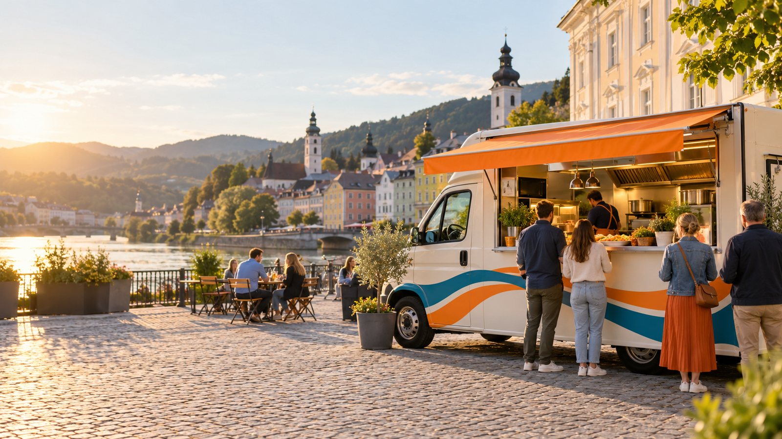 DonauBiss Foodtruck an einem Flussufer in einer oberösterreichischen Altstadt