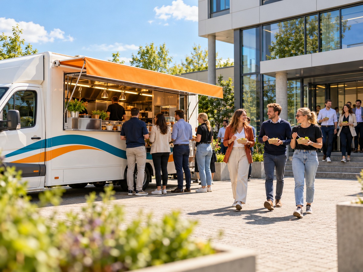 Foodtruck parkt vor einem Firmengebäude, Mitarbeiter holen Essen